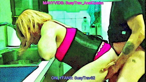 Blonde SueTrav bent over sink for anal with man in kitchen, explicit pose