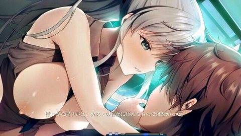 Silver-haired anime girl Kasumi embraces brown-haired guy topless, intimate close-up from Yuki Kasumi #2
