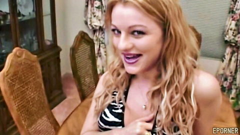 Smiling blonde babe in zebra top teasing cleavage for sweet blowjob prank