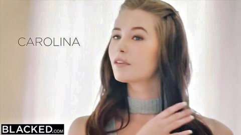 Carolina, sexy blonde with blue eyes in grey choker, teasing for interracial BBC fun