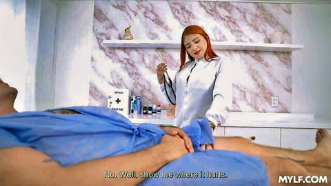 Charlotte Scarlet as redhead nurse examining patient's cock in medical roleplay