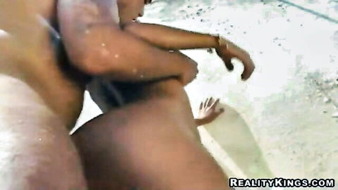 Tanned Latina babe with big wet ass fucked doggy style in pussy by poolside