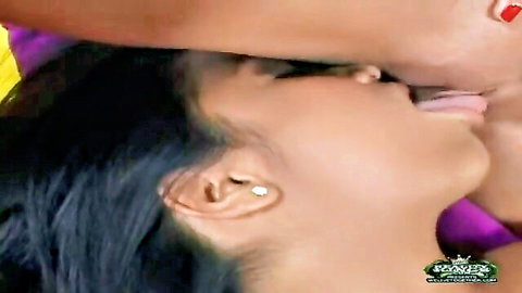 Two ebony babes passionately French kissing in sexy lingerie