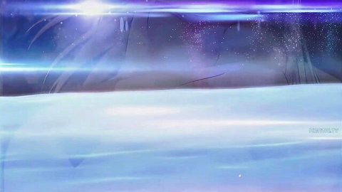 Anime-style purple starry sky with glowing sun over snowy landscape, Hametsu no Yuuwaku