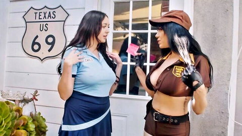 Sexy uniformed delivery babes in USPS and UPS cosplay flirting