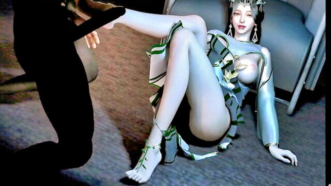 Seductive Asian goddess in revealing green dress touched by kneeling man