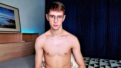 Alfie Evans shirtless twink in glasses, alluring gay amateur performer