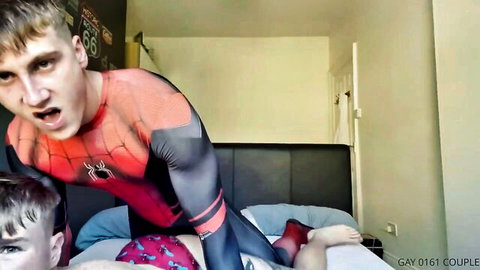 Spiderman cosplay gay couple in intense anal sex on bed