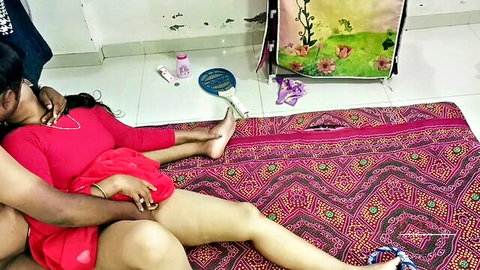 Indian bombshell in red dress embraced intimately in creampie scene