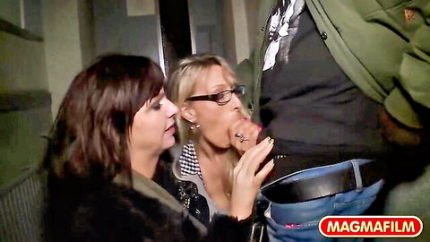 Two German women eagerly pleasing a big black cock in hot threesome