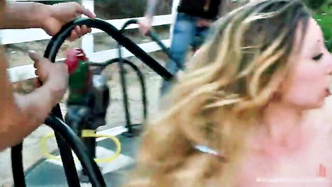 Blonde slut topless with small tits groped hard by black hand outdoors near bars