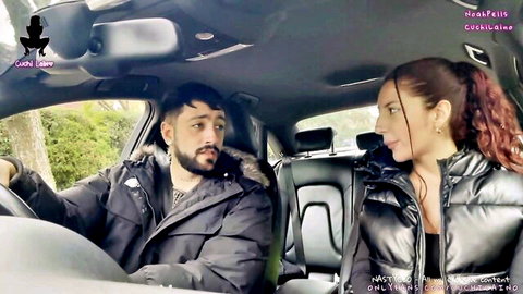 Redhead amateur babe in puffer jacket smiles at bearded guy driving car in teasing OnlyFans video