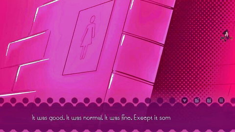 Pink geometric visual novel screenshot with female silhouette symbol and eerie repeating text overlay