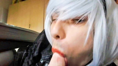 MySissyDiary as 2B cosplay, tender red lips and tongue caressing penis in blowjob