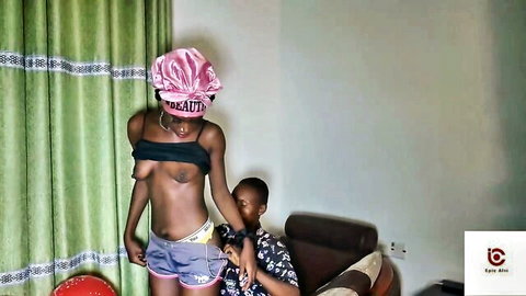 Tootsie's petite black girl topless in shorts teasing young boy