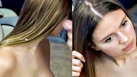 Topless young blonde with long straight hair in close-up profile and face shots