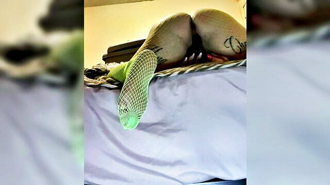 Big booty white girl in doggy position with fishnet stockings and tattoos