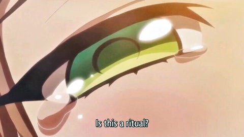 Intense green anime eye in hentai scene with ritual text overlay