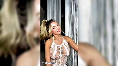 Lyna Perez in revealing white lace lingerie, blonde ponytail tease