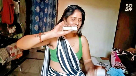 Indian bhabhi Sanjana in green blouse and saree calling boyfriend alone at home