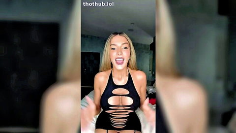 Lyna Perez teasing in black cutout top exposing big tits