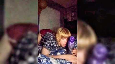 Blonde amateur solo with bizarre purple dildo play