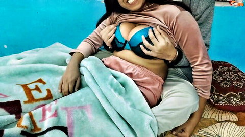 MyDollboobs Indian girl teasing big boobs in blue bra lingerie
