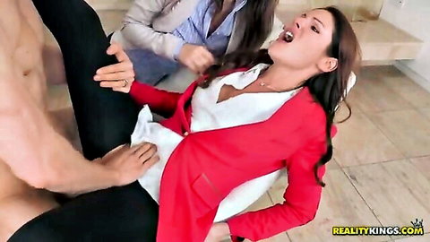 Office babes in red blazer get nasty CFNM threesome with muscular stud