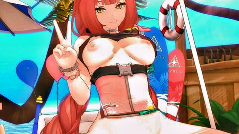 Ukinami Yuzuha topless beach pose with peace sign, big breasts exposed