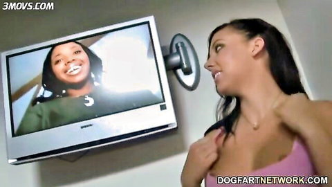 Ivy Winters teasing in pink top, watching black woman on TV - Dogfart Network