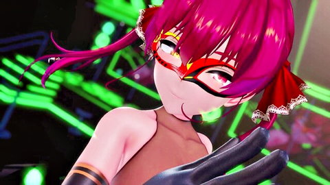 Marine Noel anime girl with pink twintails, cyber mask, seductive pose
