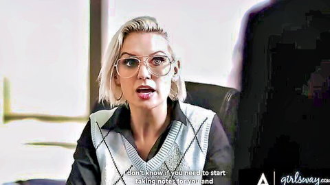 Blonde femdom boss in glasses and vest demanding oral service