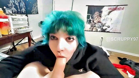 Teal-haired emo girl sucking finger in open hoodie, teasing blowjob vibe