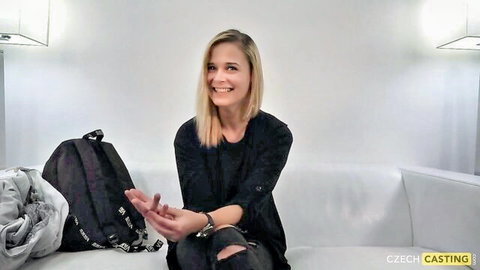 Blonde Czech babe Aneta smiling in casual casting interview