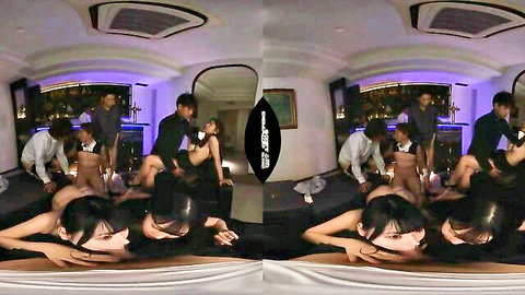 Naughty Asian vixens in filthy gangbang with suited men