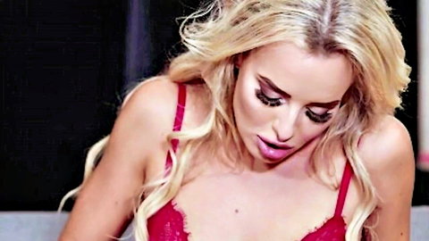Blonde woman in red lingerie, seductive closeup for BBC interracial video