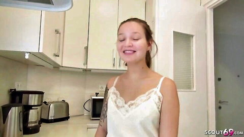 19yo slim teen girl smiling in white lace lingerie from street cash fuck