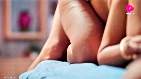 Nude South Asian housewife spreads thighs teasing wet pussy closeup on bed