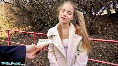 Young blonde teen smiles ecstatically as man offers cash for outdoor public pickup fuck in forest