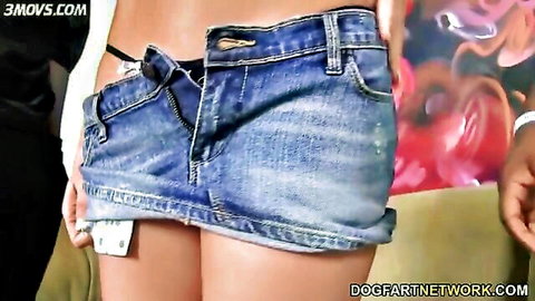 Callie Cobra in unbuttoned denim skirt for interracial gangbang