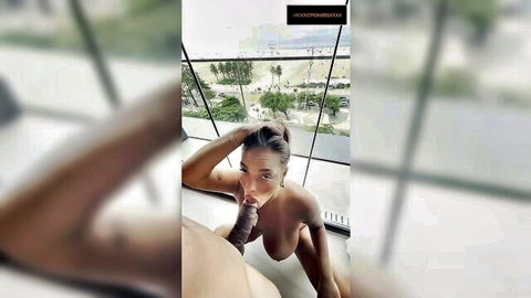 Curvy big tits babe sucks thick black cock POV on tropical balcony