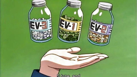 Anime hand presenting EV-1, EV-2, EV-3 pill bottles in Crazy Anime Cartoon video