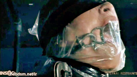 Hooded obedient babe in plastic wrap asphyxiation and restraint play