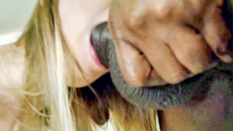 Blonde white girl deepthroats massive black cock in intense interracial blowjob