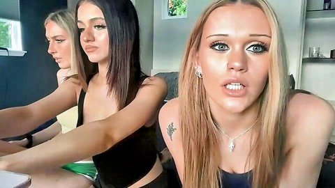 Three webcam girls with small tits moaning and dirty talking in skimpy tops showing underboob