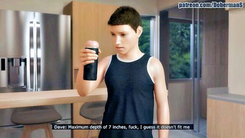 Animated brunette twink surprised holding tight pink fleshlight pussy masturbator in kitchen measuring 7-inch depth for big cock