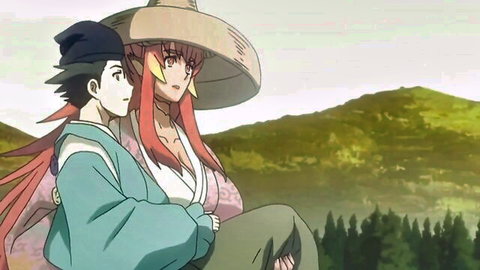 Anime red-haired woman in hat embracing young man outdoors