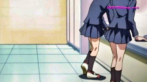 Two anime schoolgirls in short navy uniforms, holding hands, glancing back seductively in hallway