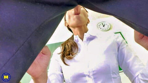 POV of Asian teacher Ayumu spreading legs in white blouse, classroom tease