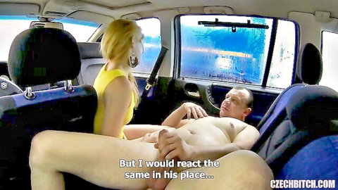 Czech blonde babe strokes naked man's hard cock in car backseat